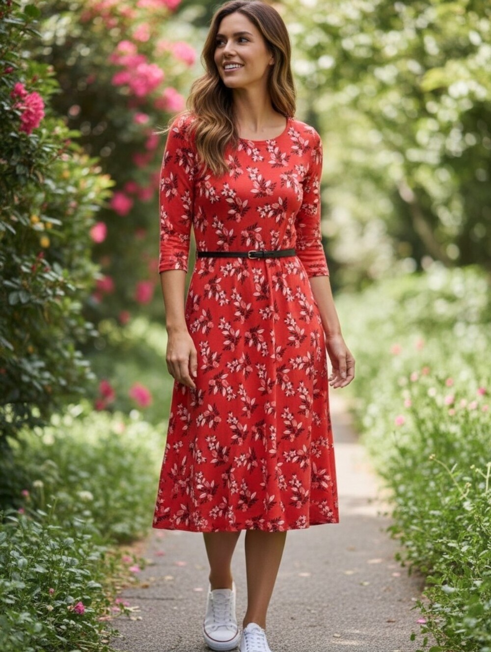 Red Floral Dress Knee length Short Sleeve Shift Dress Sz. M